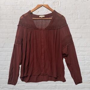 Gimmicks Brown Crinkle Boho Long Sleeve Crochet Lace Yoke Button Front Blouse M